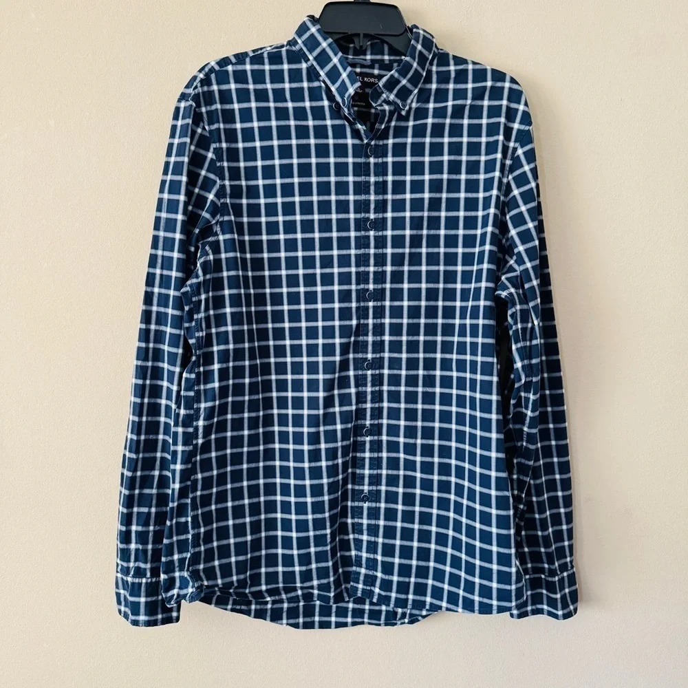 Michael Kors Men's Navy White Plaid Checker Button Down Shirt Size XL